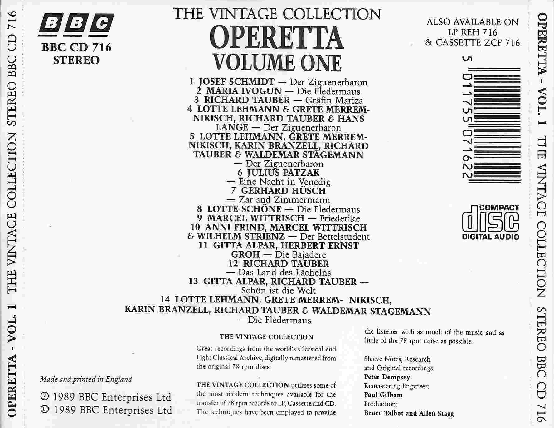 Picture of BBCCD716 The vintage collection - Operetta by artist Various from the BBC records and Tapes library